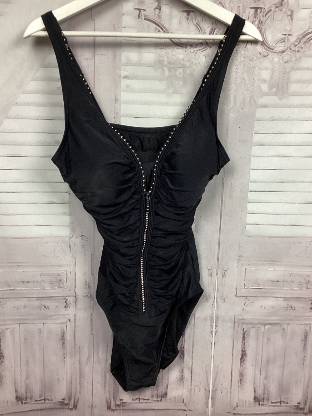 Fantasizer Black Swimsuit Zip Up Ruching 12 Vintage